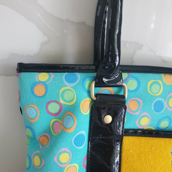 MAGGIE B Whimsy Shopping Girl Tote Bag Black Teal Yellow Polka Dots Canvas Charm - Picture 3 of 9